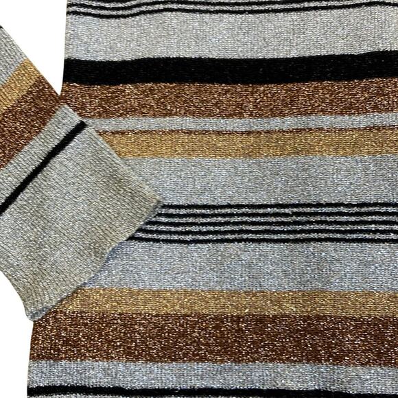 Vintage 70s 80s Metallic Lurex Striped Turtleneck Sweater Gold Silver Bronze - Picture 5 of 16